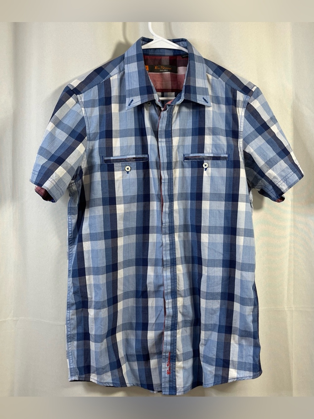 Ben Sherman Shirt Mens Casual Double Pocket Button Up Blue Plaid Short Sleeve M